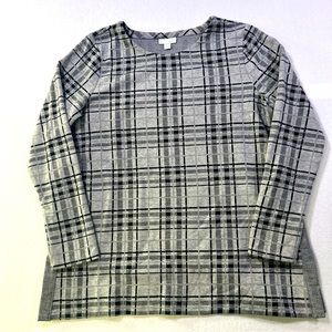 J.JILL Size Medium Thick Plaid Black and Gray Plaid Sweater Top Silver Shimmer